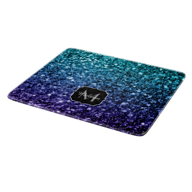 Aqua blue Ombre faux glitter sparkles Monogram Cutting Board (Corner)