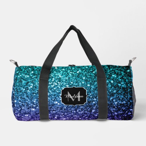 Aqua blue ombre faux glitter sparkles Monogram Duffle Bag