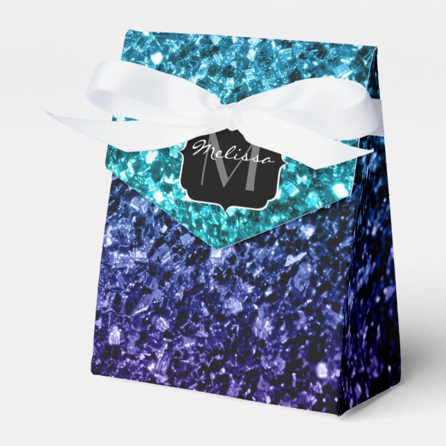 Aqua blue Ombre faux glitter sparkles Monogram Favor Boxes (Front Side)