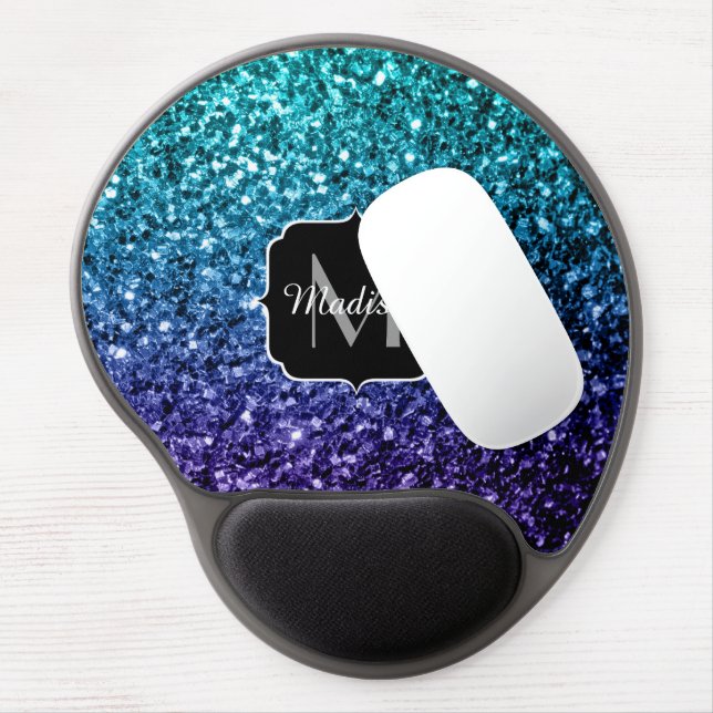 Aqua blue Ombre faux glitter sparkles Monogram Gel Mouse Pad (Left Side)