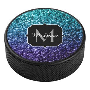 Aqua blue Ombre faux glitter sparkles Monogram Hockey Puck