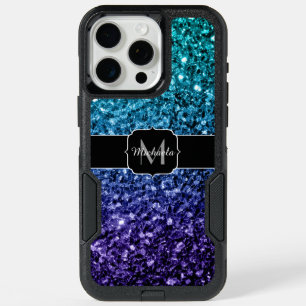 Aqua blue Ombre faux glitter sparkles Monogram iPhone 15 Pro Max Case