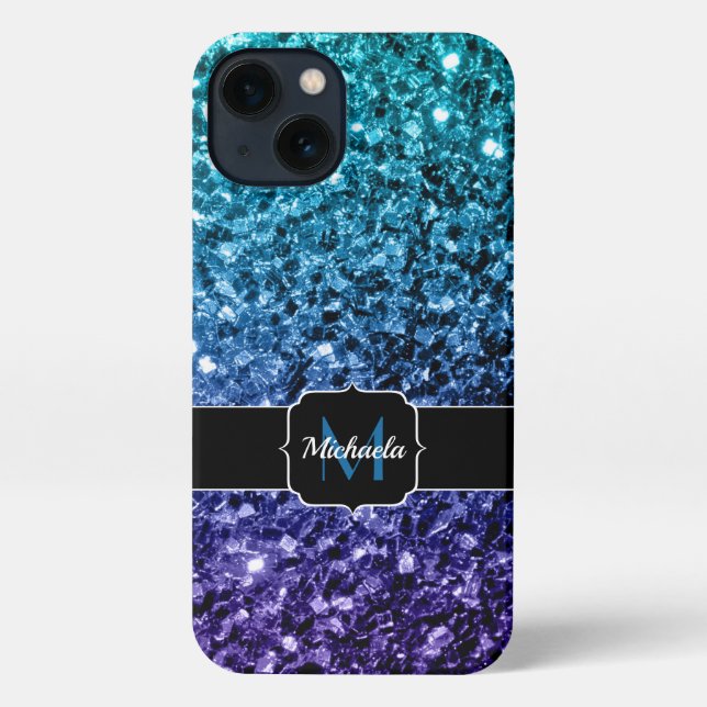 Aqua blue ombre faux glitter sparkles Monogram iPhone Case (Back)