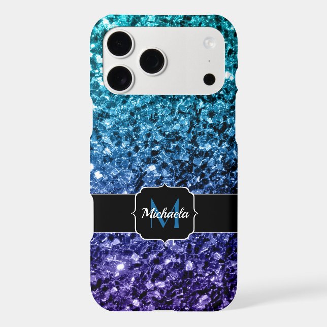 Aqua blue ombre faux glitter sparkles Monogram iPhone Case (Back)