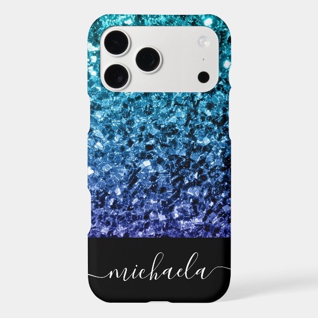Aqua blue Ombre faux glitter sparkles Monogram iPhone Case (Back)