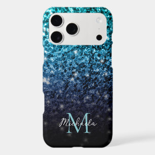 Aqua blue Ombre faux glitter sparkles Monogram iPhone 17 Pro Max Case