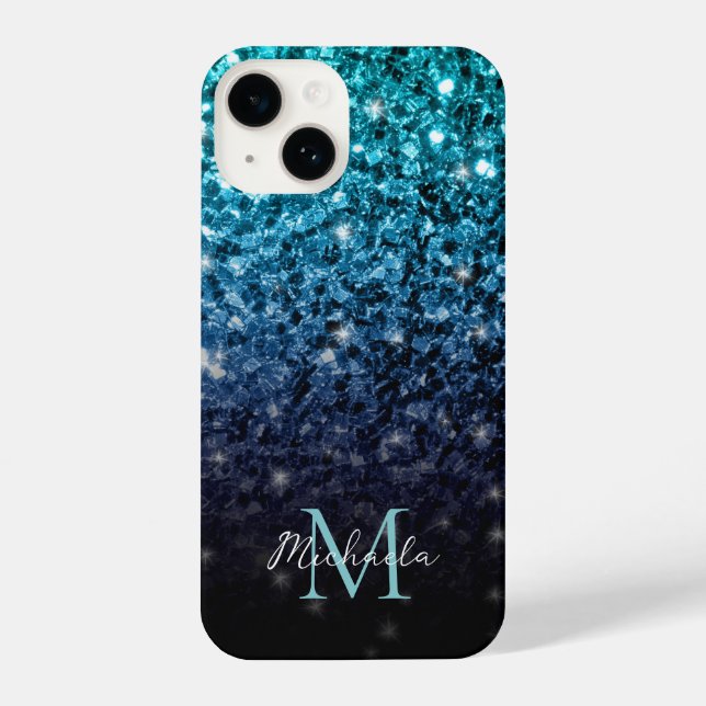 Aqua blue Ombre faux glitter sparkles Monogram iPhone Case (Back)