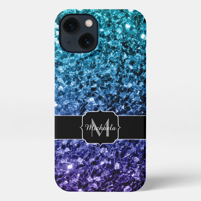 Aqua blue Ombre faux glitter sparkles Monogram iPhone Case (Back)