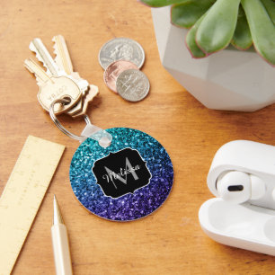 Aqua blue Ombre faux glitter sparkles Monogram Keychain