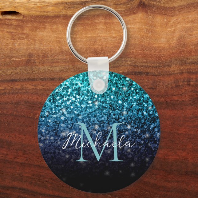 Aqua blue Ombre faux glitter sparkles Monogram Keychain (Back)