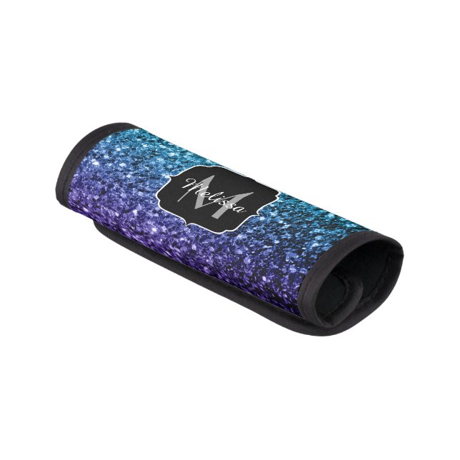 Aqua blue Ombre faux glitter sparkles Monogram Luggage Handle Wrap (Angled)