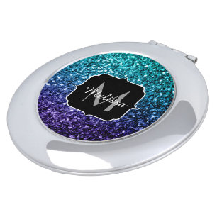 Aqua blue Ombre faux glitter sparkles Monogram Mirror For Makeup