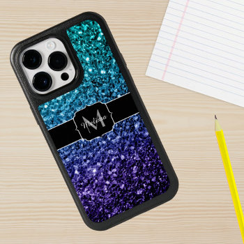 Aqua Blue Ombre Faux Glitter Sparkles Monogram Otterbox Iphone 14 Pro Max Case by PLdesign at Zazzle