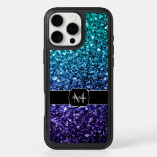 Aqua blue Ombre faux glitter sparkles Monogram iPhone 16 Pro Max Case