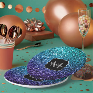Aqua blue Ombre faux glitter sparkles Monogram Paper Plates