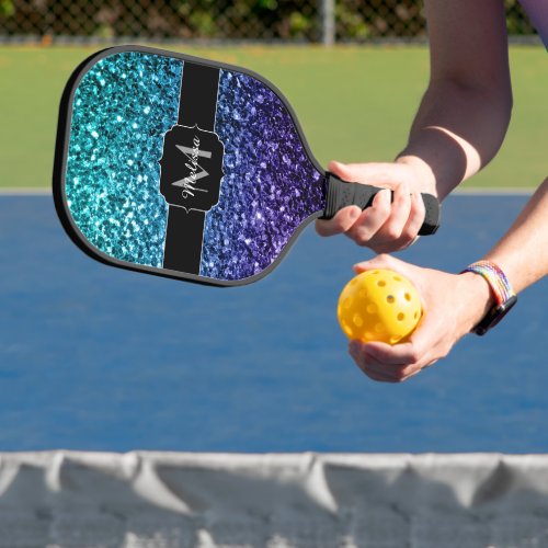 Aqua blue Ombre faux glitter sparkles Monogram Pickleball Paddle