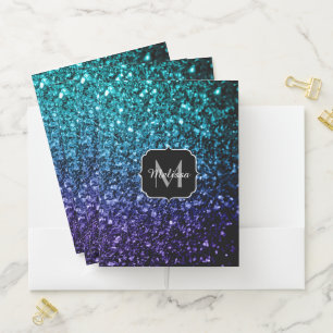 Aqua blue Ombre faux glitter sparkles Monogram Pocket Folder