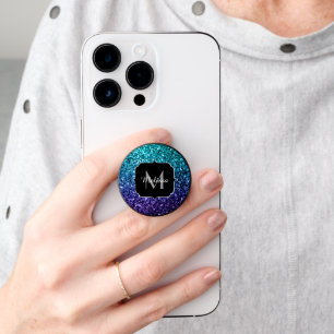 Aqua blue ombre faux glitter sparkles Monogram PopSocket