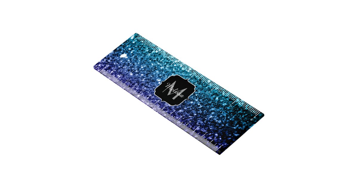 Aqua blue Ombre faux glitter sparkles Monogram Ruler | Zazzle