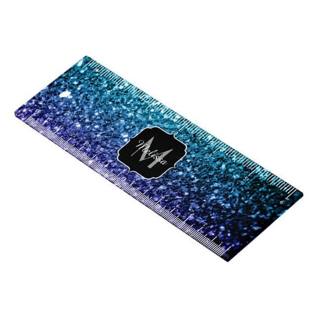 Aqua blue Ombre faux glitter sparkles Monogram Ruler (Angled)