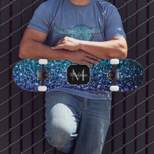 Aqua blue Ombre faux glitter sparkles Monogram Skateboard Deck (Outdoor 3)