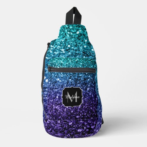 Aqua blue ombre faux glitter sparkles Monogram Sling Bag