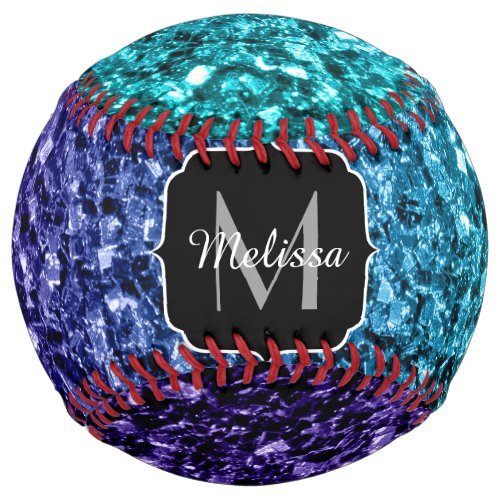 Aqua blue ombre faux glitter sparkles Monogram Softball