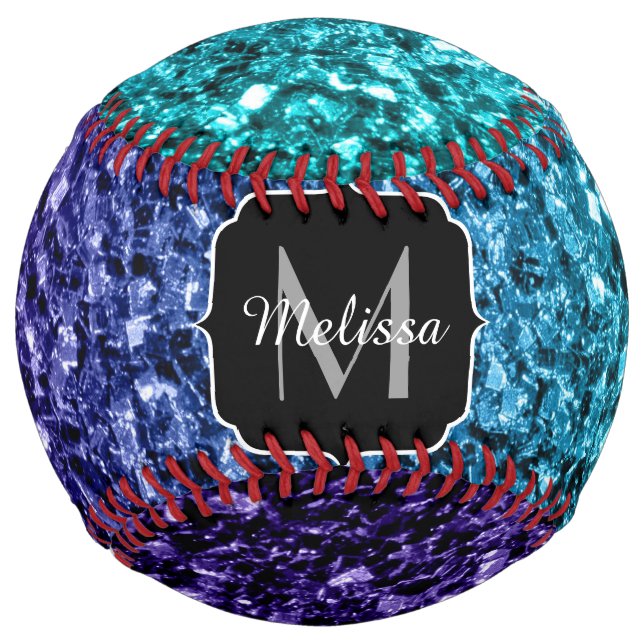 Aqua blue ombre faux glitter sparkles Monogram Softball (Front)