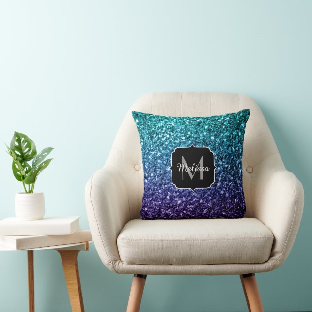 Aqua blue Ombre faux glitter sparkles Monogram Throw Pillow (Chair)