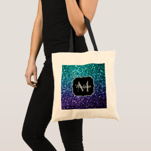 Aqua blue Ombre faux glitter sparkles Monogram Tote Bag