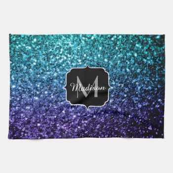 Aqua Blue Ombre Faux Glitter Sparkles Monogram Towel by PLdesign at Zazzle