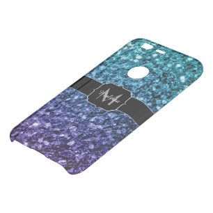 Aqua blue Ombre faux glitter sparkles Monogram Uncommon Google Pixel Case