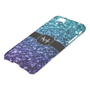 Aqua blue Ombre faux glitter sparkles Monogram iPhone SE/8/7 Case