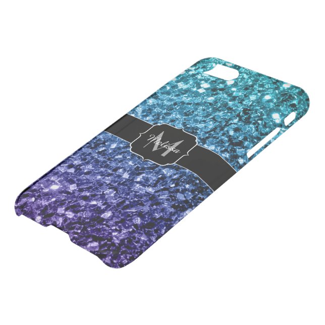 Aqua blue Ombre faux glitter sparkles Monogram Uncommon iPhone Case (Bottom)