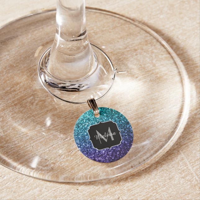 Aqua blue Ombre faux glitter sparkles Monogram Wine Glass Charm (In Situ)