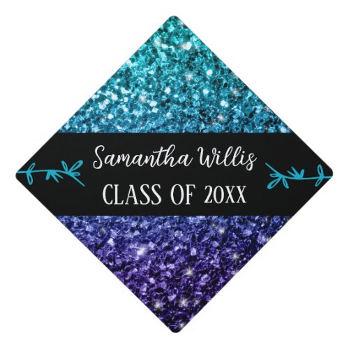 Aqua blue Ombre faux sparkles Custom name Class Graduation Cap Topper