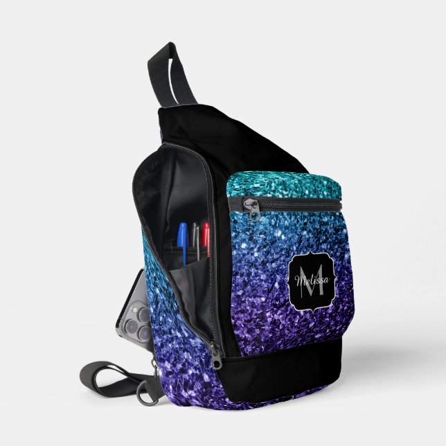 Aqua blue ombre glitter sparkles Black Monogram Sling Bag (Open)