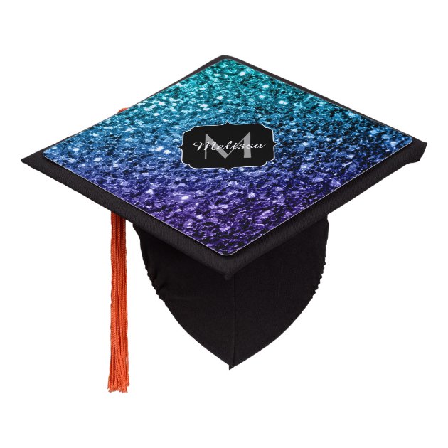 Aqua Blue Ombre Glitter Sparkles Monogram Graduation Cap Topper
