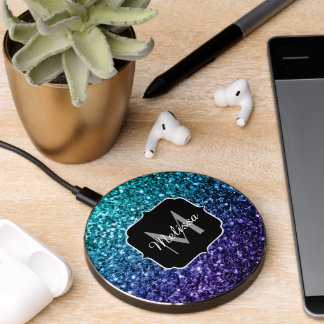 Aqua blue Ombre glitter sparkles Monogram Wireless Charger