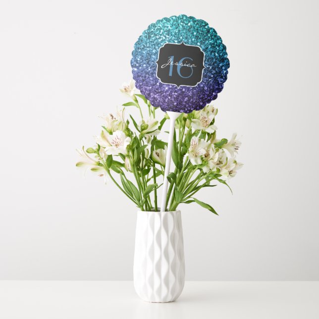 Aqua blue Ombre glitter sparkles Sweet 16 Balloon (Vase)