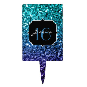 Aqua blue Ombre glitter sparkles Sweet 16 Cake Topper