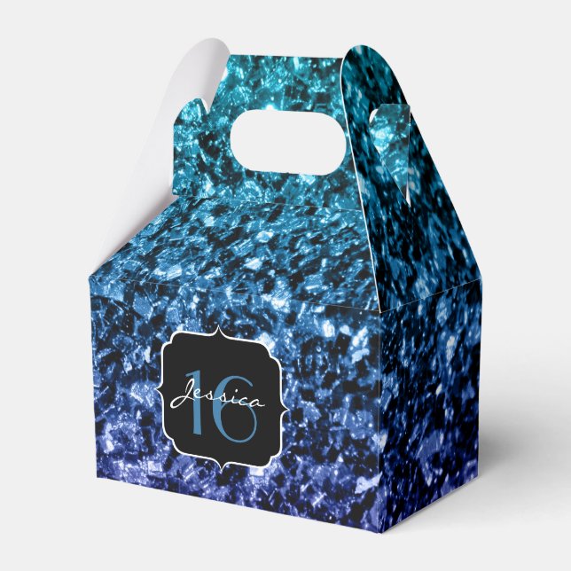 Aqua blue Ombre glitter sparkles Sweet 16 Favor Boxes (Front Side)