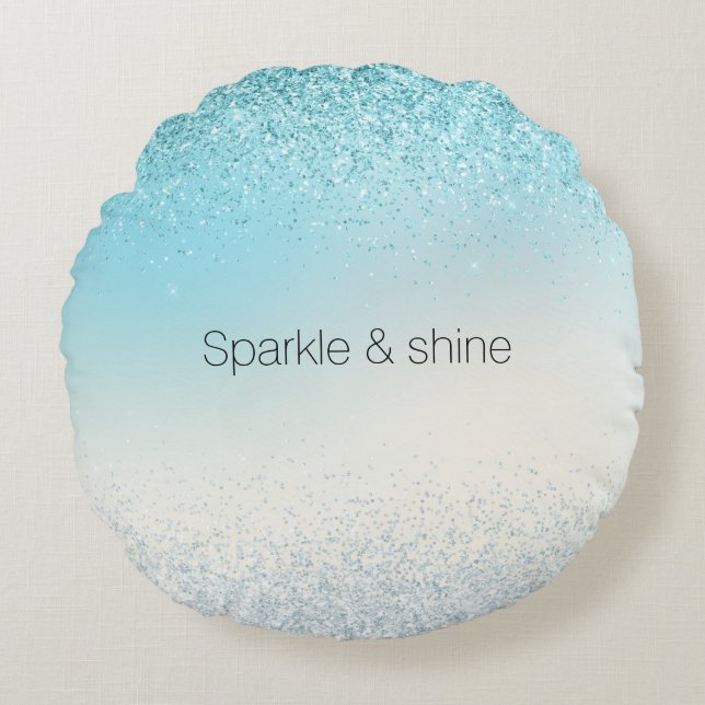 Aqua Blue Ombre Glitzy Sparkle Glitter Round Pillow (Front)