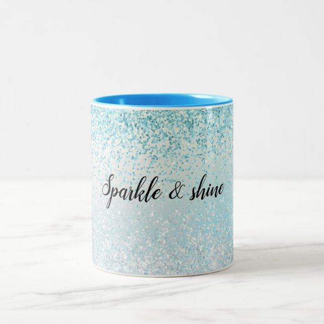 Aqua Blue Ombre Glitzy Sparkle Glitter Two-Tone Coffee Mug (Center)