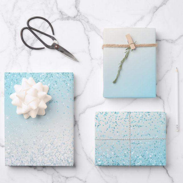 Aqua Blue Ombre Glitzy Sparkle Glitter Wrapping Paper Sheets (Front)