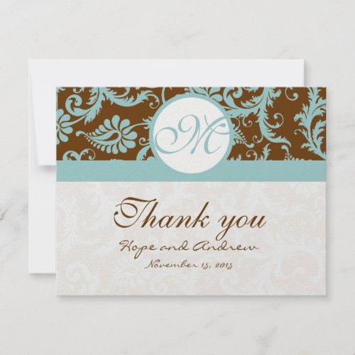 Aqua Blue on Brown Damask Wedding Thank You Cards