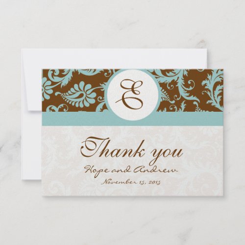 Aqua Blue on Brown Damask Wedding Thank You Cards