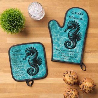 Aqua Blue One-of-a-kind Seahorse Galley Wisdom Oven Mitt & Pot Holder Set