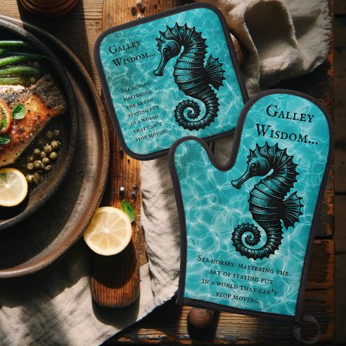 Aqua Blue One_of_a_kind Seahorse Galley Wisdom Oven Mitt  Pot Holder Set