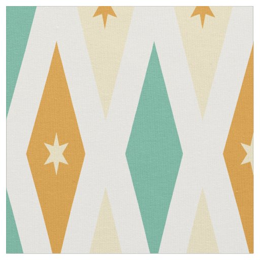 Aqua Blue Orange Cream Diamonds Stars Mid Century Fabric